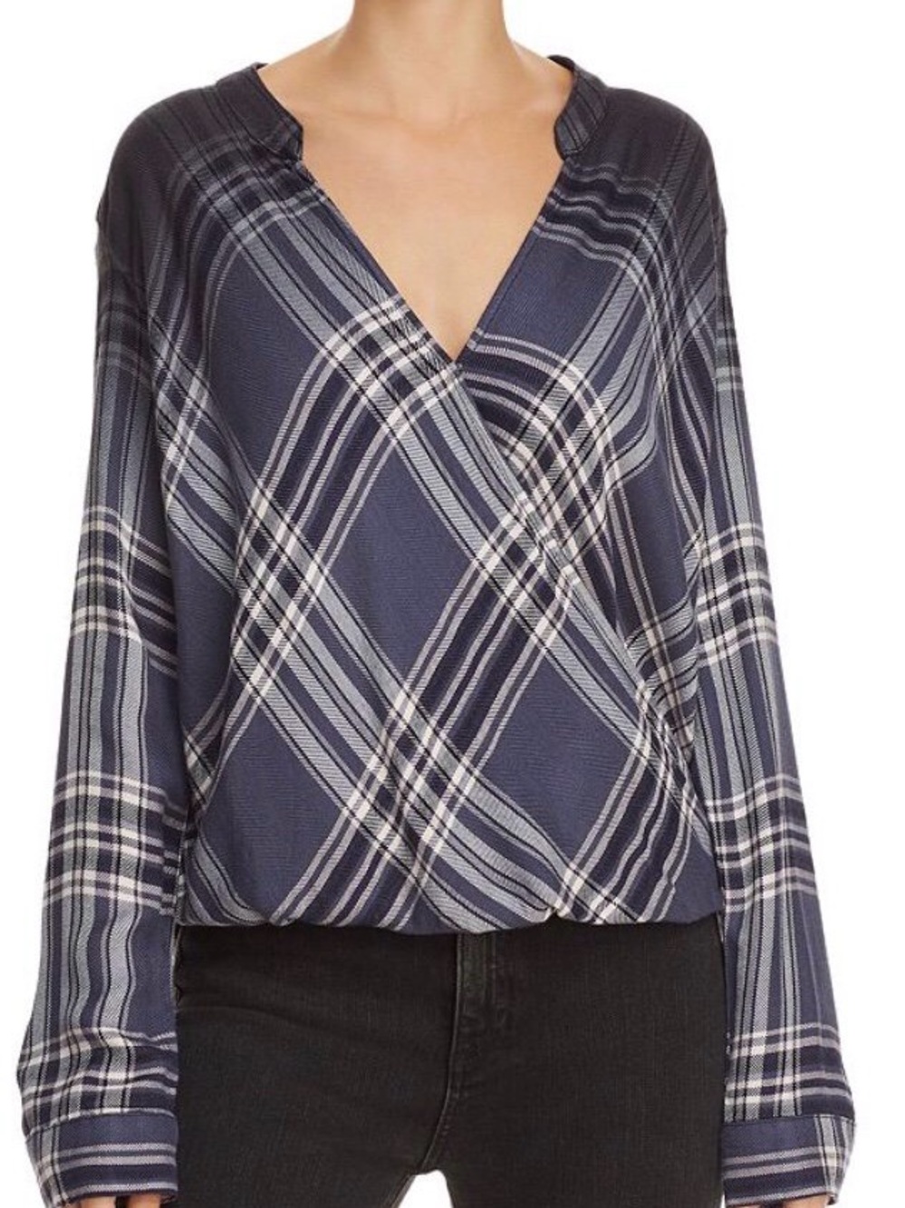 Splendid Hyperion Dip-Dye Plaid Surplice Top Blue Long Sleeve Blouse Medium